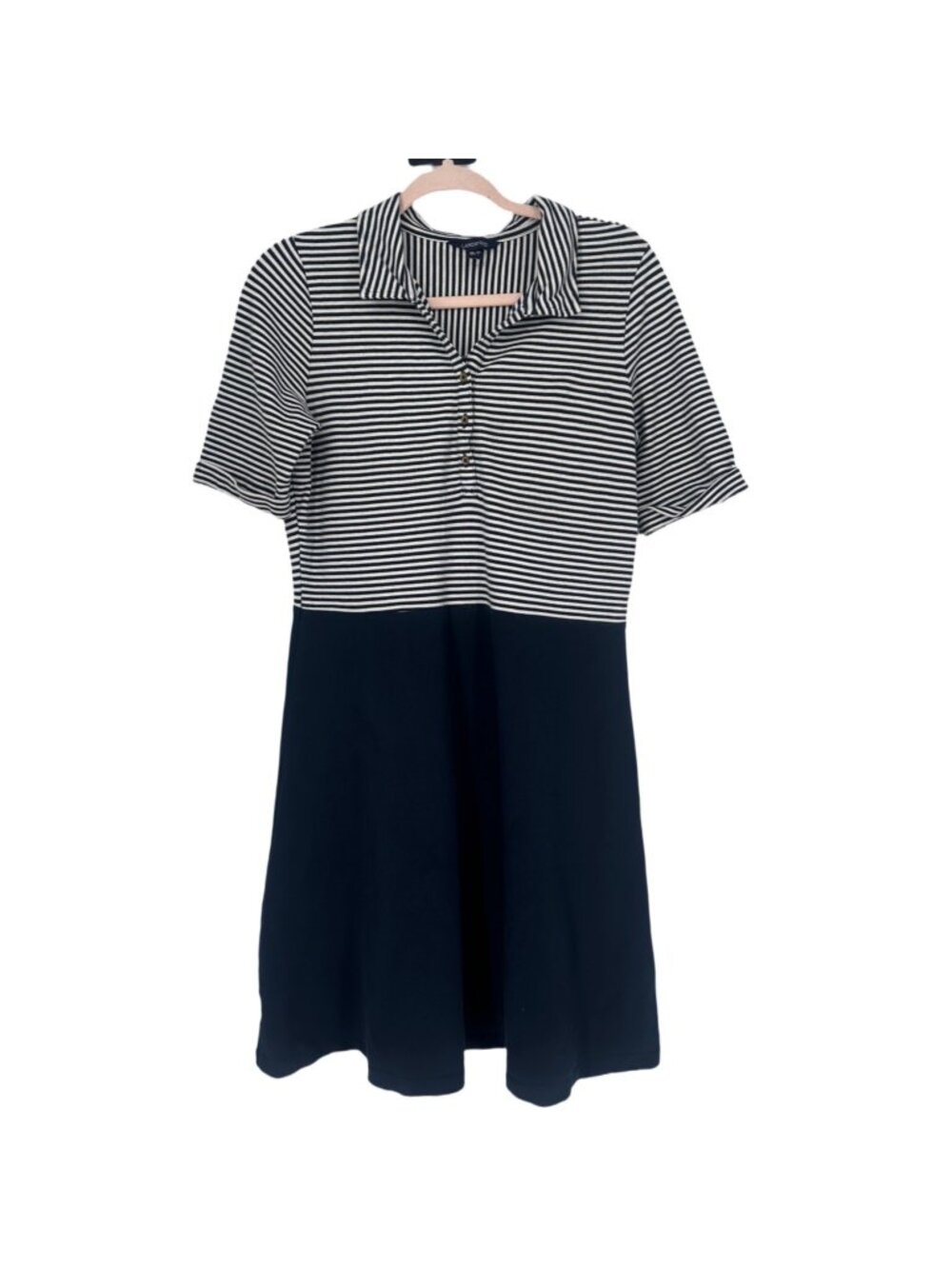 Lands' End Polo Dress Medium Petite Blue White Striped A-Line Nautical Preppy